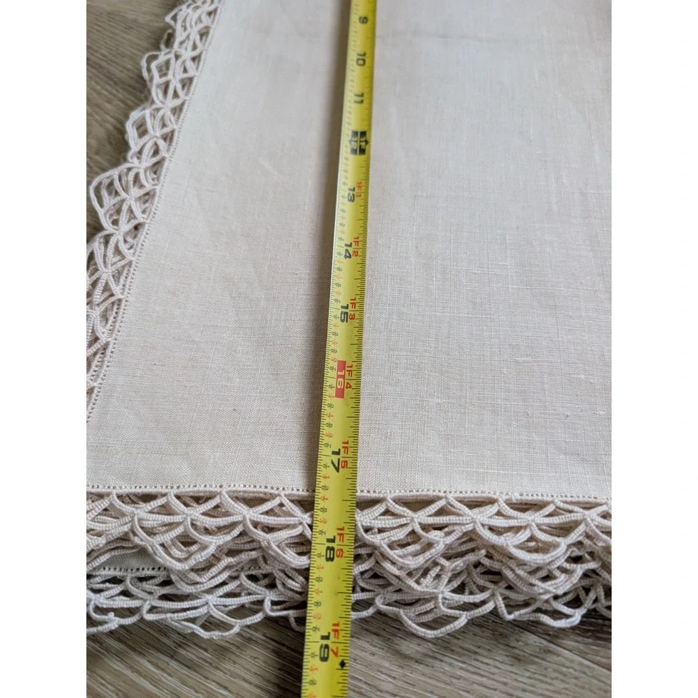 Set of 12 Brand New Vintage Linen Napkins W/ Tatting & Embroidery, 18x18 Beige